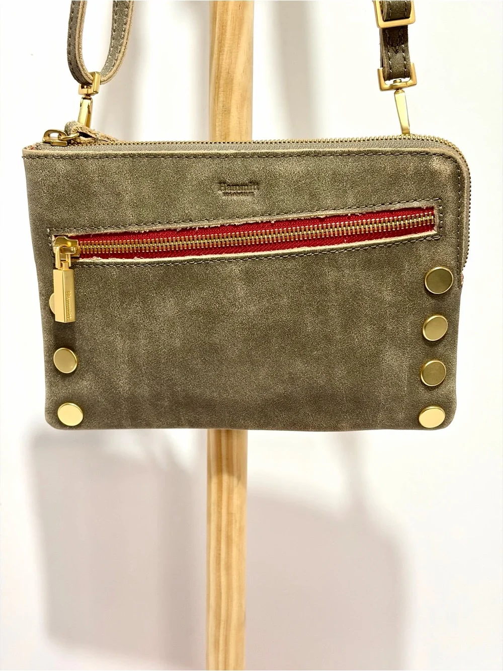 Hammitt Nash Small Crossbody Wristlet/Crossbody In Pewter/Brushed Gold/Red Zip